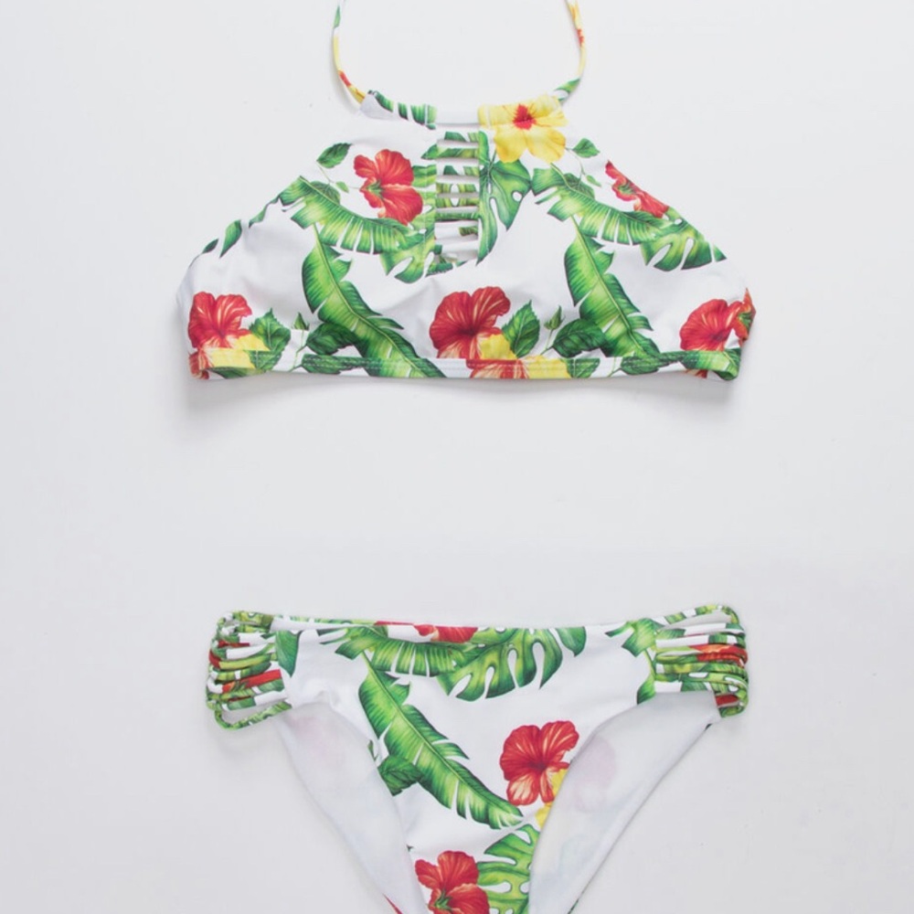 Full Tilt Girls White Tropical Floral Bikini - Green, Red, Yellow